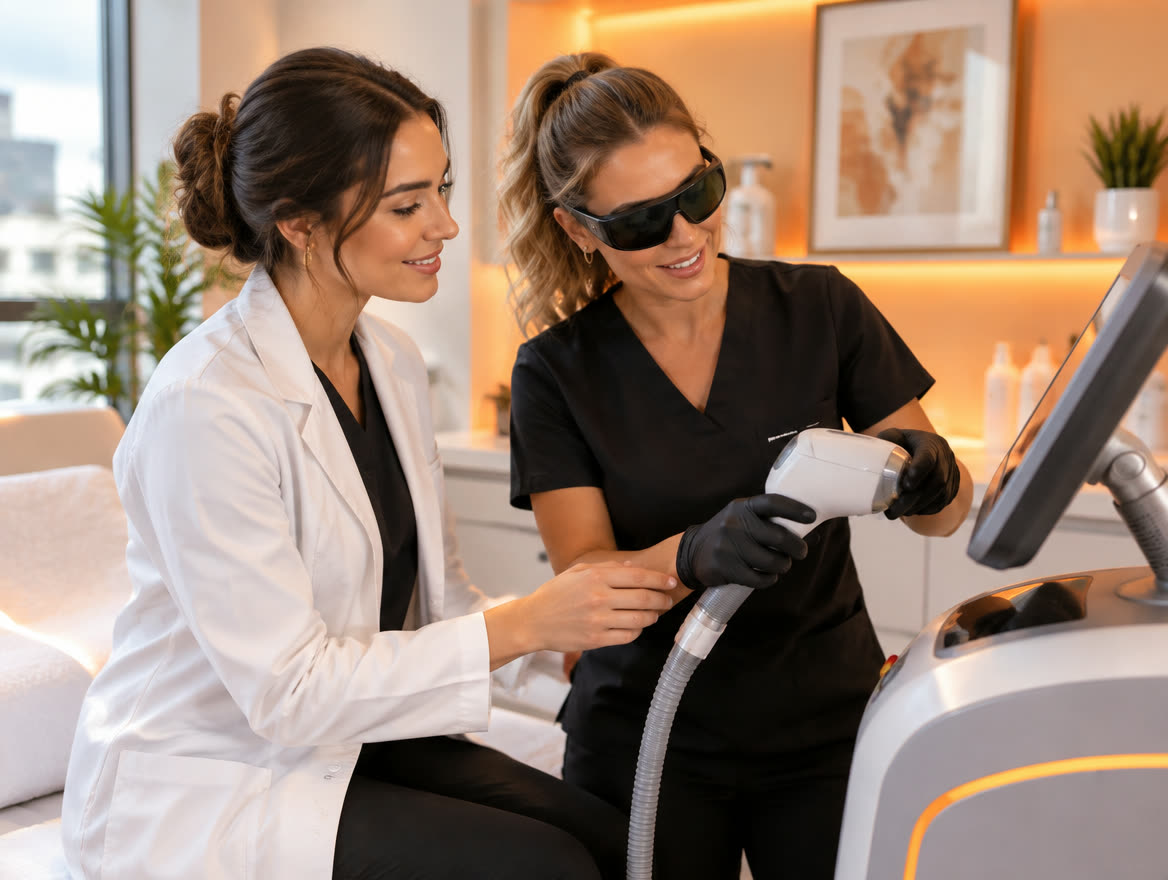 Profissional de estética recebendo treinamento em equipamento a laser